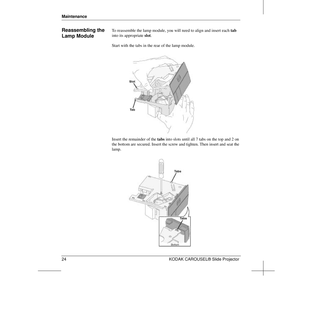 Kodak Slide Projector manual Reassembling the Lamp Module 