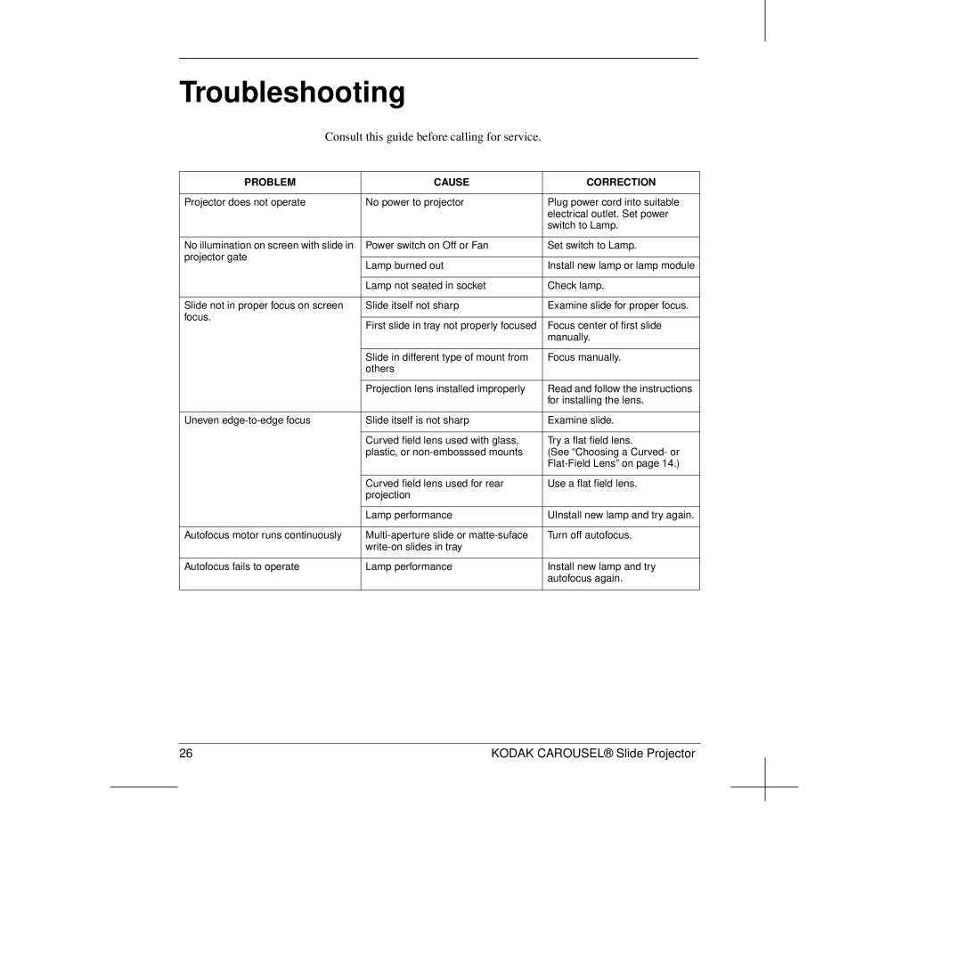 Kodak Slide Projector manual Troubleshooting, Consult this guide before calling for service 