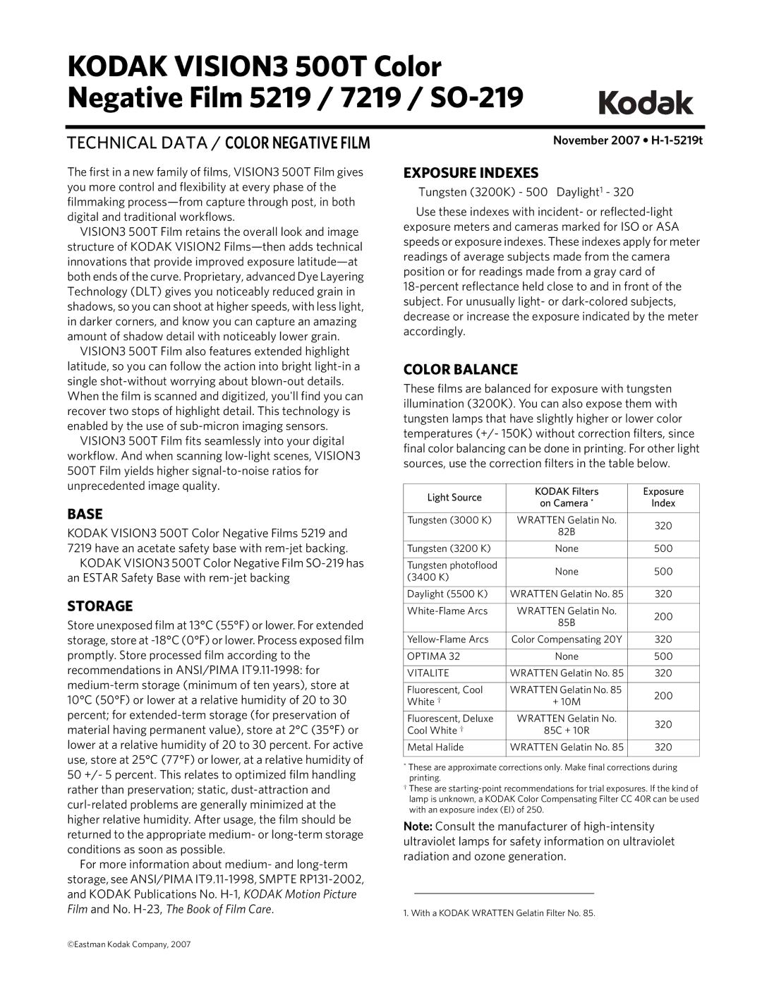 Kodak 7219, SO-219, 5219 manual Base, Storage, Exposure Indexes, Color Balance, Tungsten 3200K 500 Daylight1 