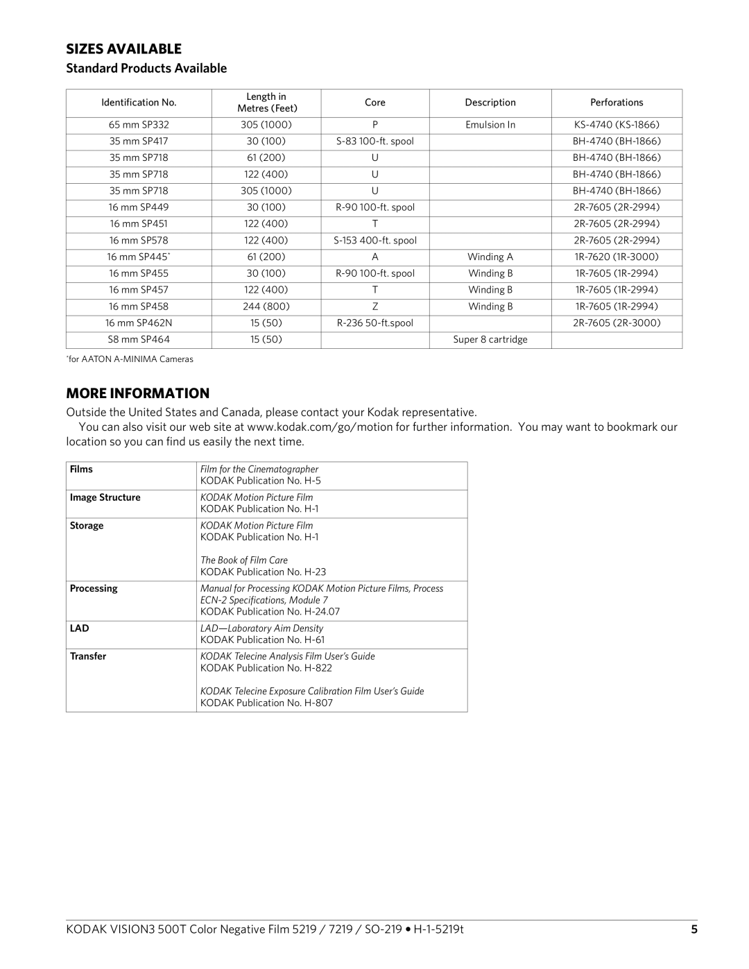 Kodak 5219, SO-219, 7219 manual Sizes Available, More Information, Standard Products Available 