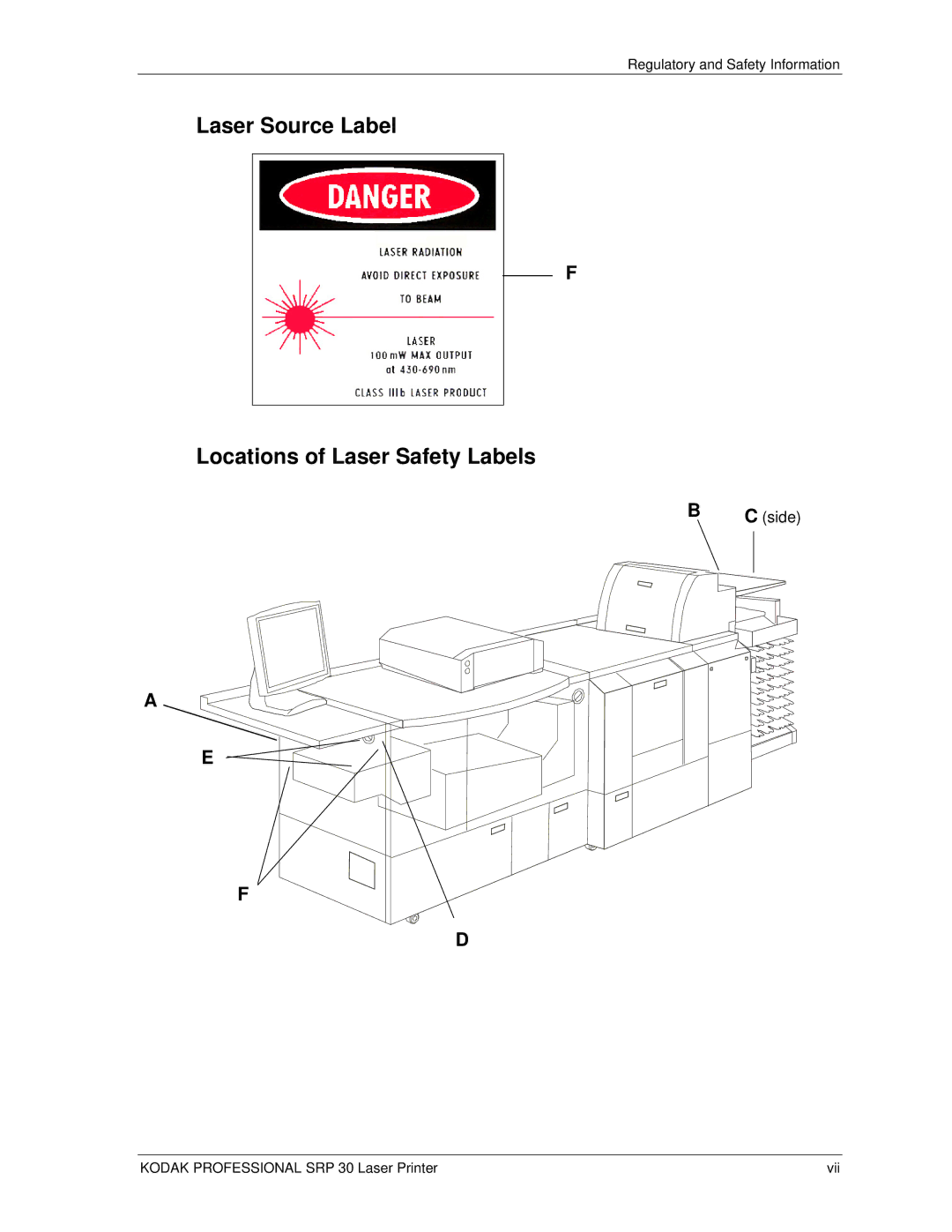 Kodak SRP 30 manual Laser Source Label Locations of Laser Safety Labels, Side 