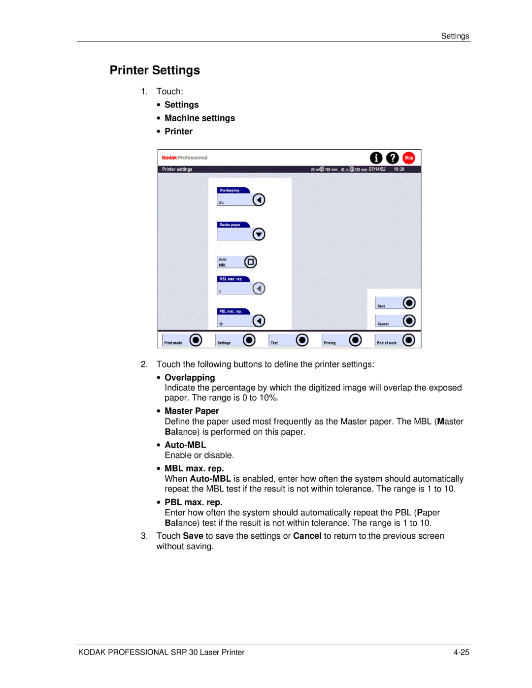 Kodak SRP 30 manual Printer Settings 