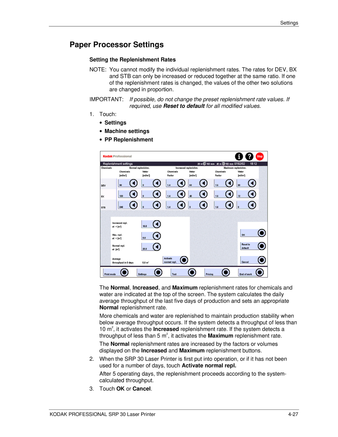 Kodak SRP 30 manual Paper Processor Settings, Setting the Replenishment Rates, Settings Machine settings PP Replenishment 