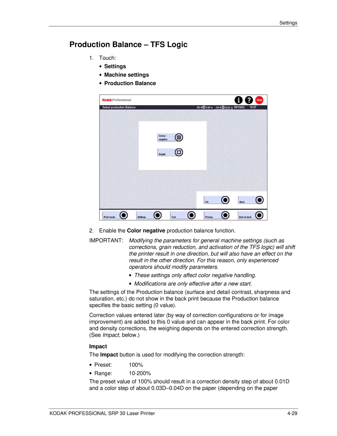 Kodak SRP 30 manual Production Balance TFS Logic, Settings Machine settings Production Balance, Impact 