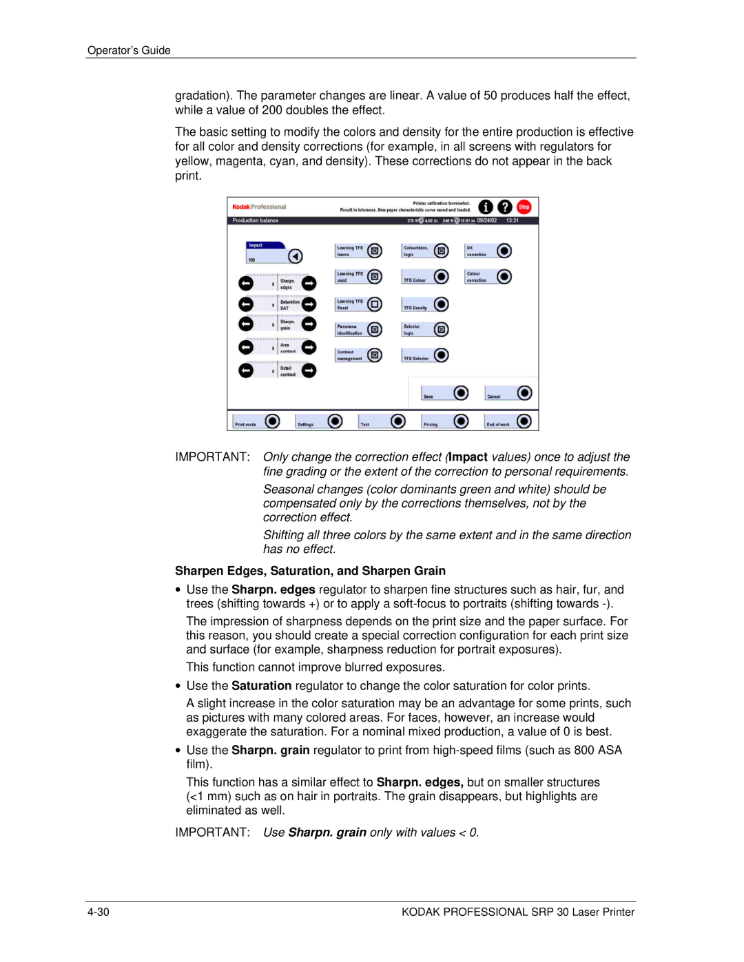 Kodak SRP 30 manual Sharpen Edges, Saturation, and Sharpen Grain 