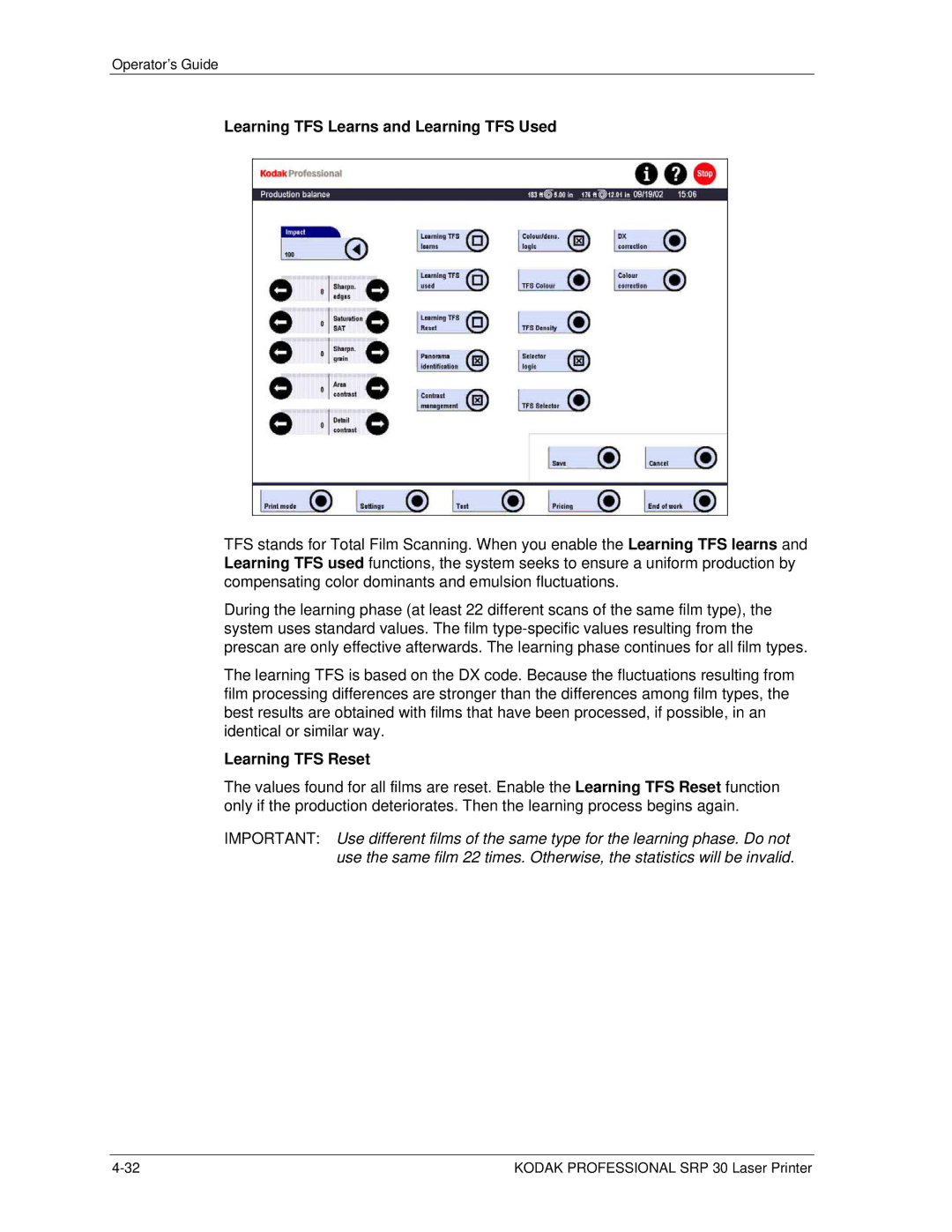 Kodak SRP 30 manual Learning TFS Learns and Learning TFS Used, Learning TFS Reset 