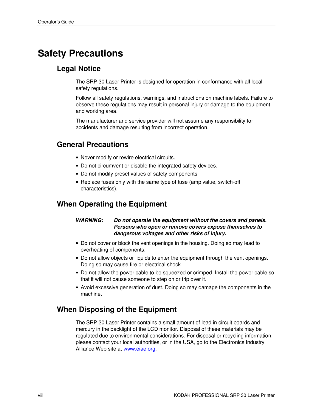 Kodak SRP 30 manual Safety Precautions, Legal Notice, General Precautions, When Operating the Equipment 