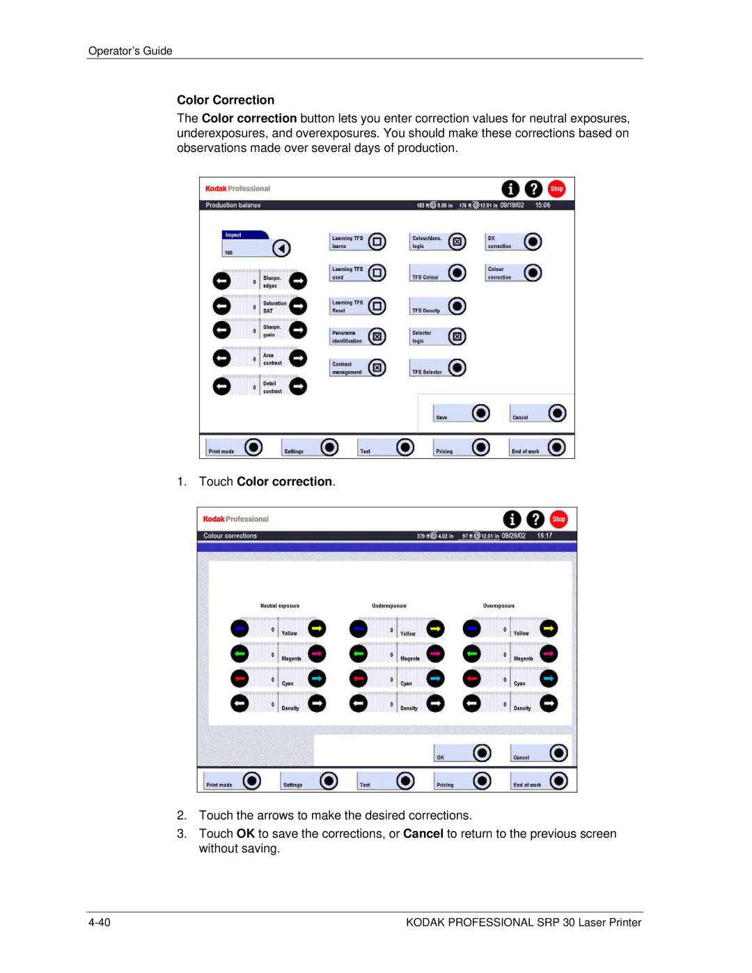 Kodak SRP 30 manual Color Correction, Touch Color correction 