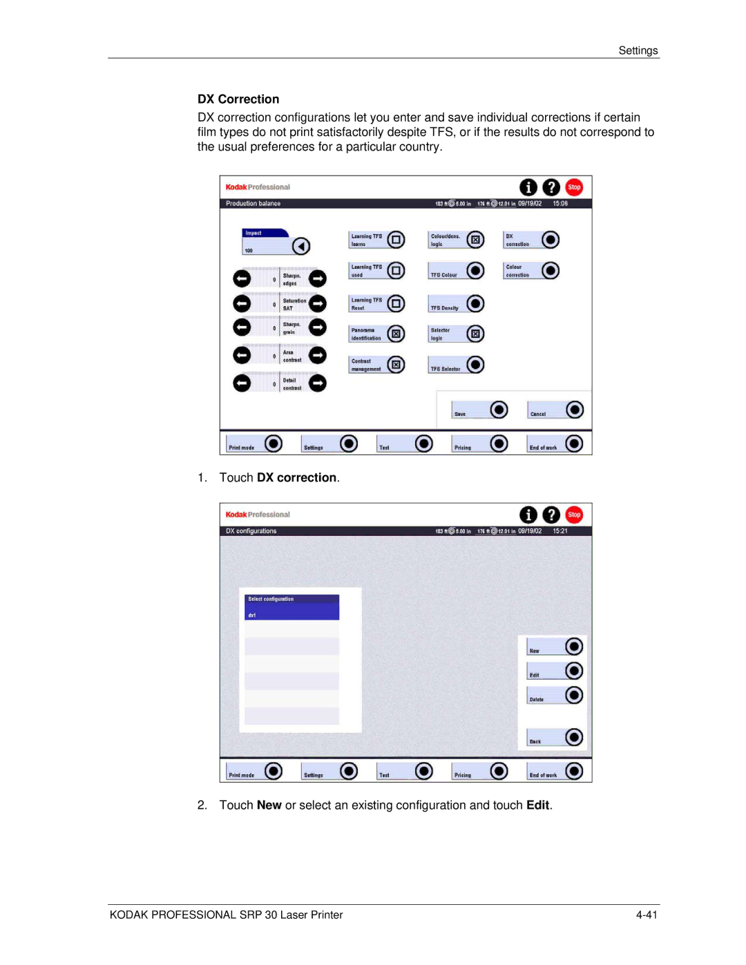 Kodak SRP 30 manual DX Correction, Touch DX correction 