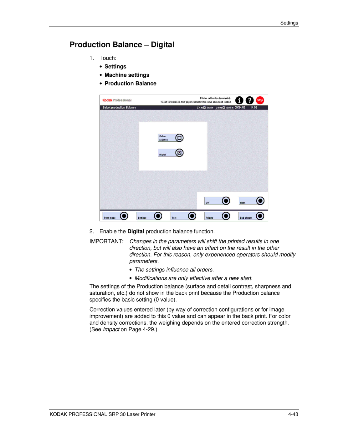 Kodak SRP 30 manual Production Balance Digital, Settings Machine settings Production Balance 