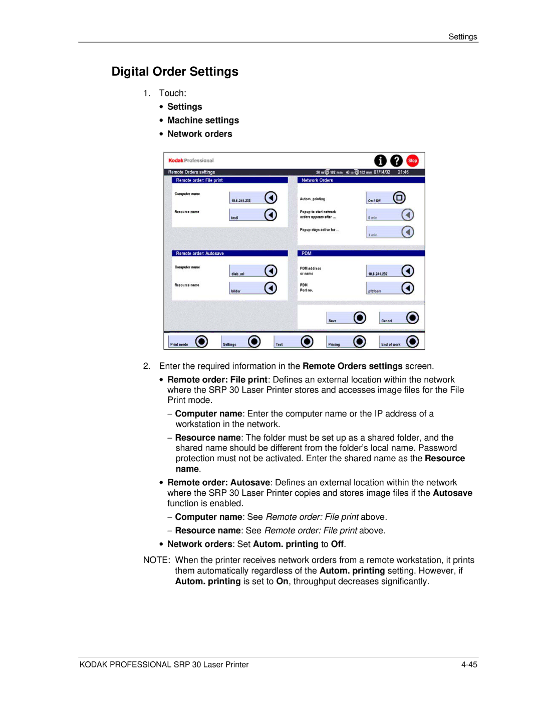 Kodak SRP 30 Digital Order Settings, Settings Machine settings Network orders, Network orders Set Autom. printing to Off 