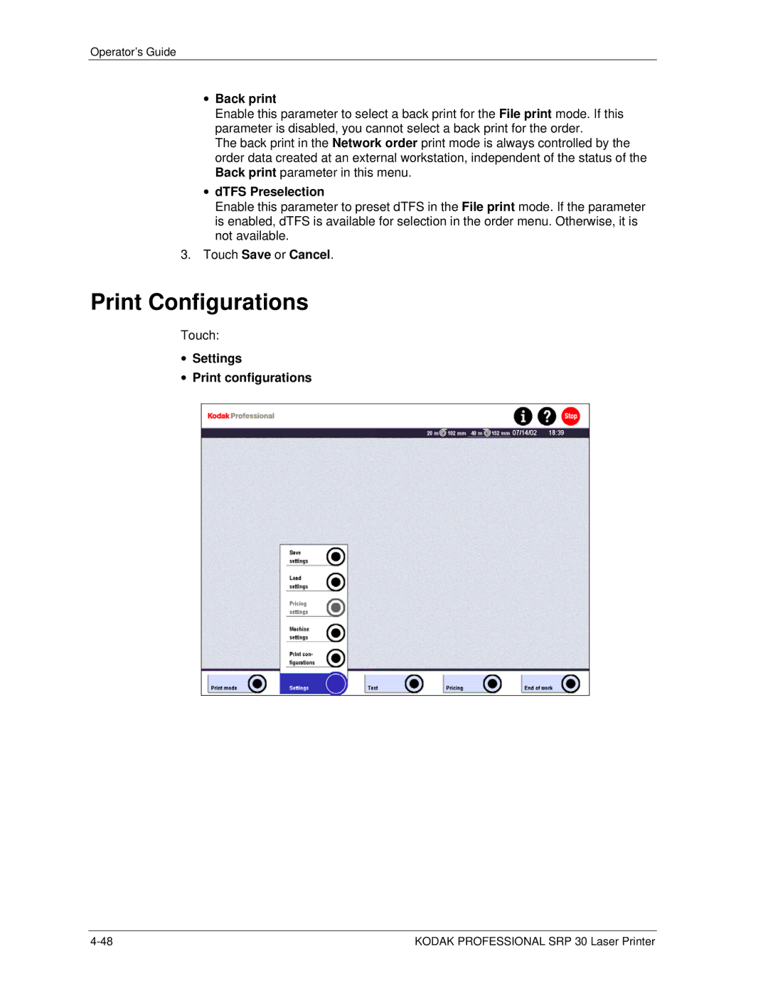 Kodak SRP 30 manual Print Configurations, DTFS Preselection, Touch Save or Cancel, Settings Print configurations 