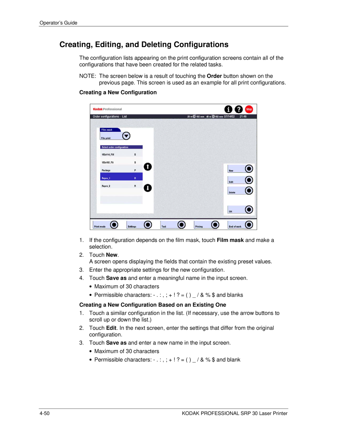 Kodak SRP 30 manual Creating, Editing, and Deleting Configurations, Creating a New Configuration 