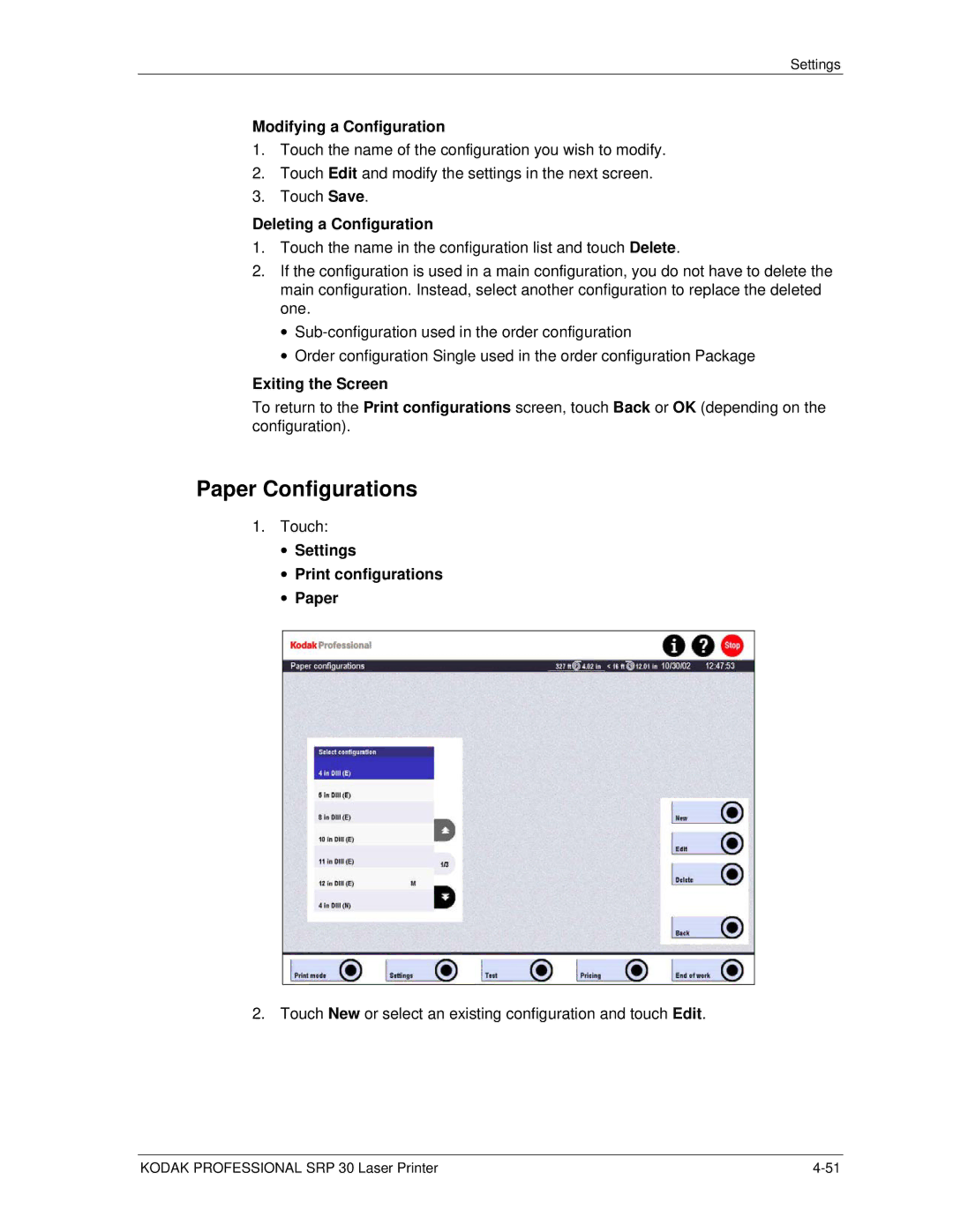 Kodak SRP 30 manual Paper Configurations, Modifying a Configuration, Deleting a Configuration, Exiting the Screen 