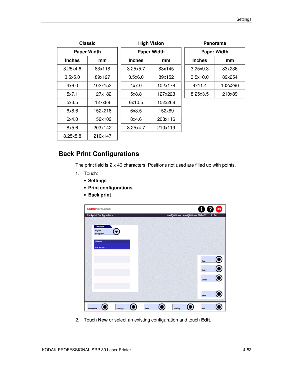 Kodak SRP 30 manual Back Print Configurations, Classic High Vision Panorama Paper Width Inches 