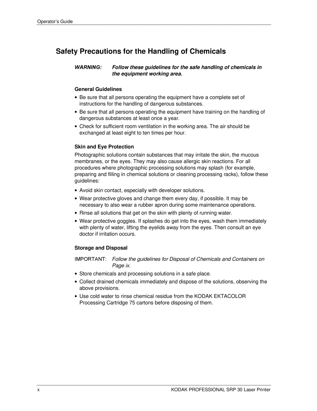 Kodak SRP 30 manual Safety Precautions for the Handling of Chemicals, General Guidelines, Skin and Eye Protection 