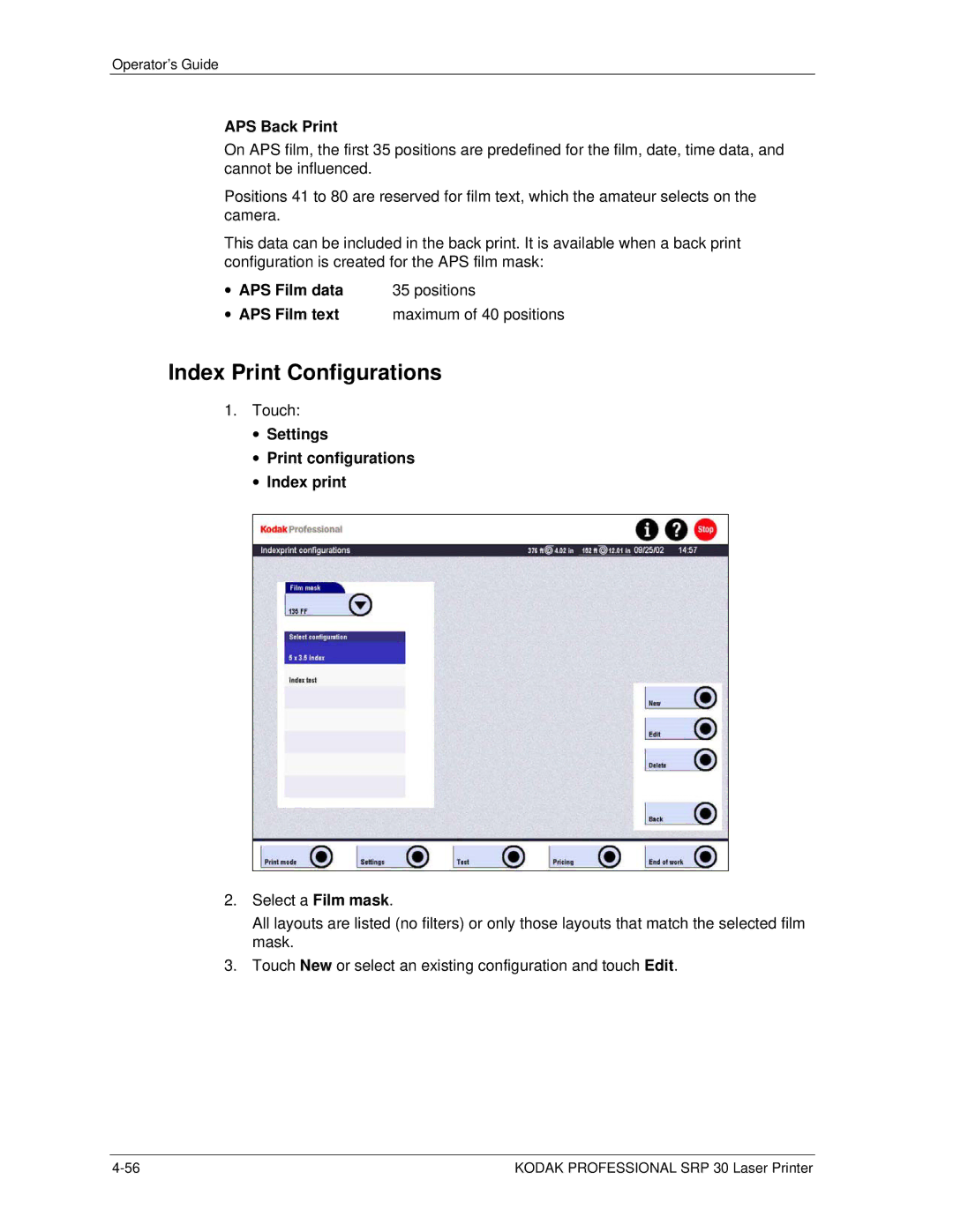 Kodak SRP 30 manual Index Print Configurations, APS Back Print, APS Film data, Settings Print configurations Index print 