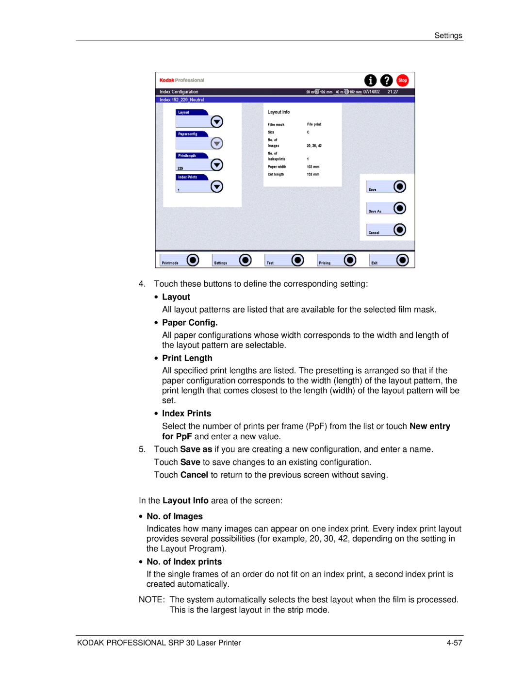 Kodak SRP 30 manual Layout, Paper Config, Print Length, Index Prints, No. of Images, No. of Index prints 