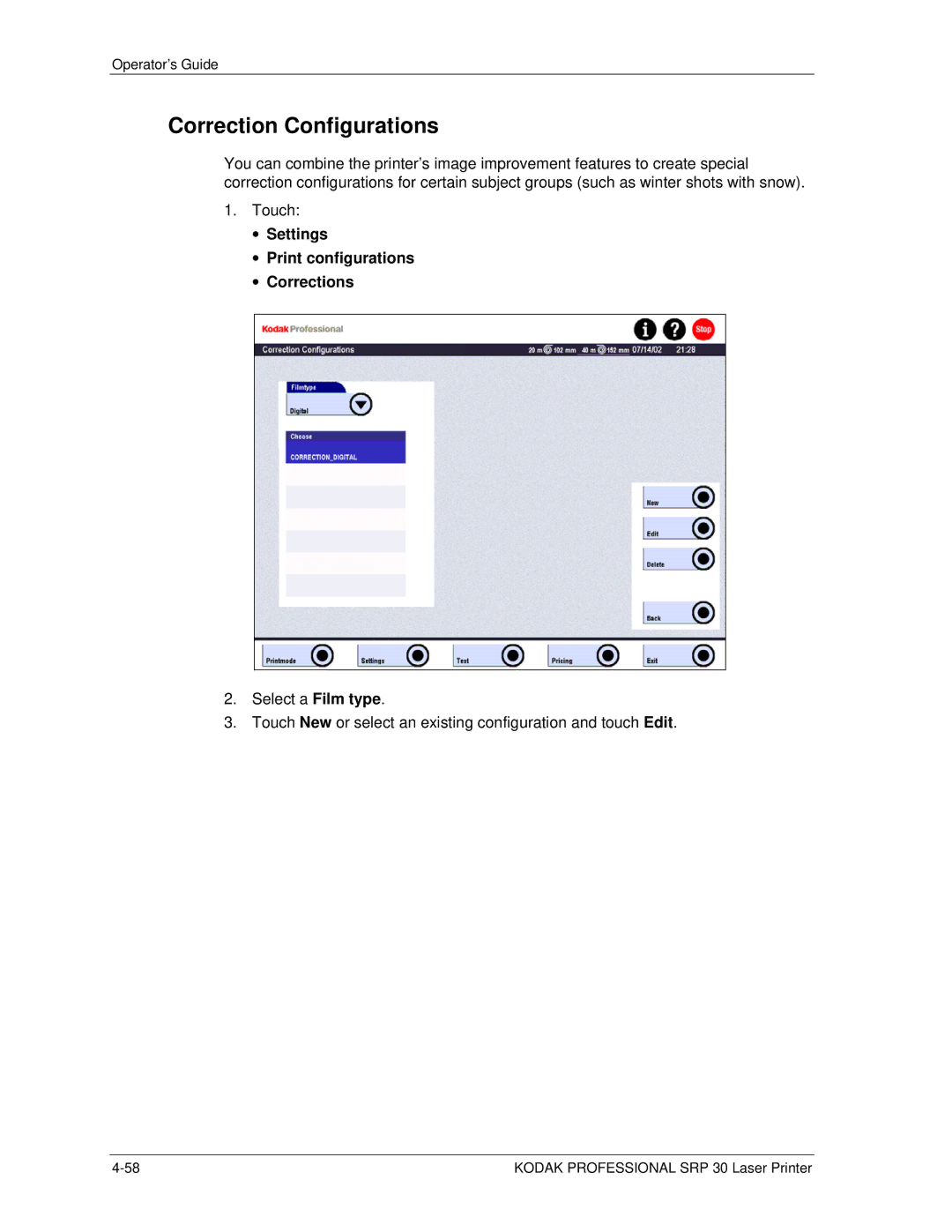 Kodak SRP 30 manual Correction Configurations, Settings Print configurations Corrections 