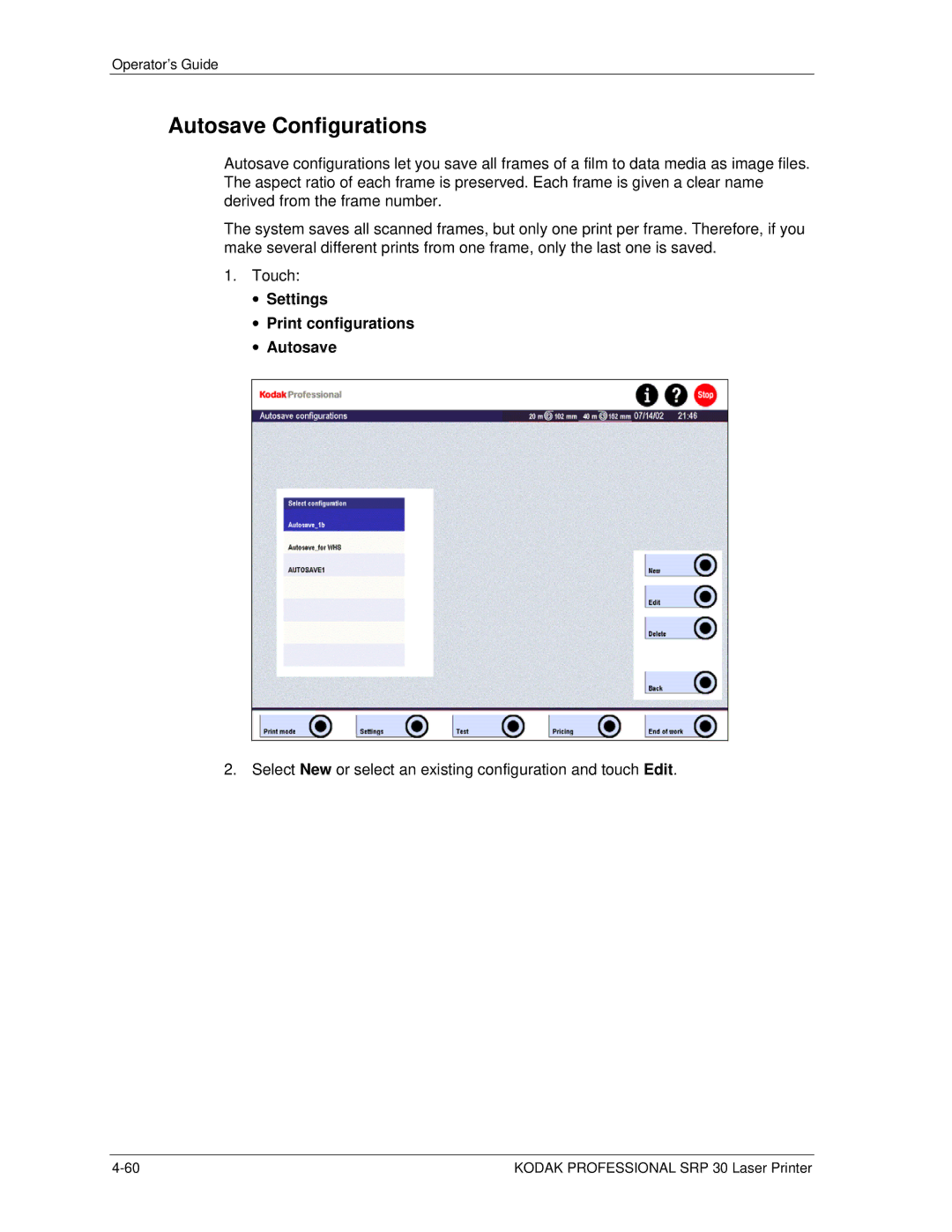 Kodak SRP 30 manual Autosave Configurations, Settings Print configurations Autosave 