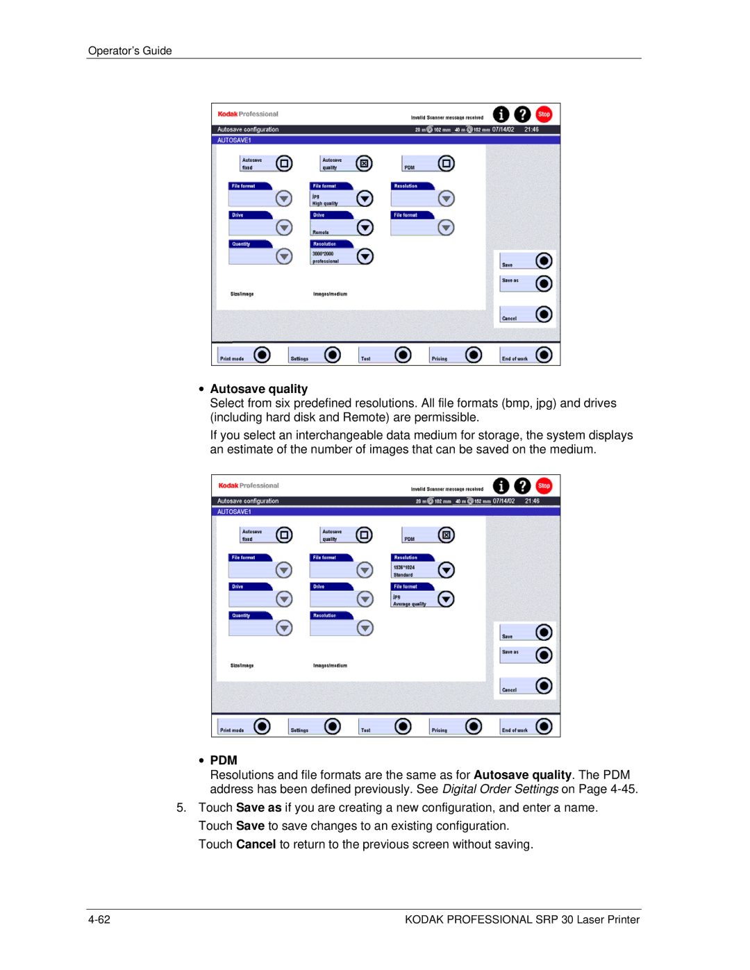 Kodak SRP 30 manual Autosave quality, Pdm 