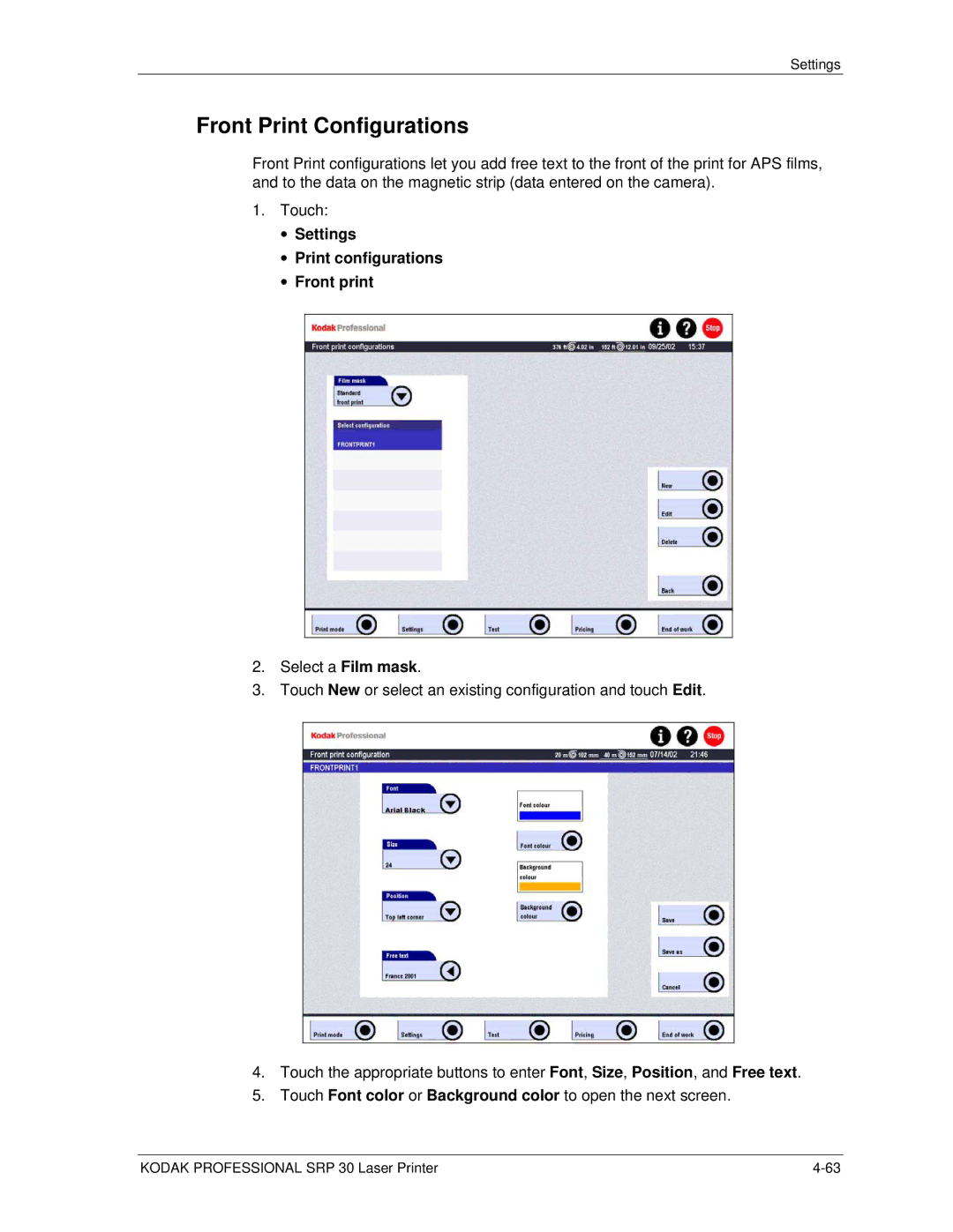 Kodak SRP 30 manual Front Print Configurations, Settings Print configurations Front print 