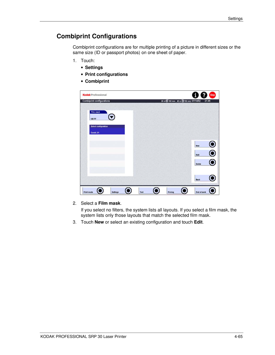Kodak SRP 30 manual Combiprint Configurations, Settings Print configurations Combiprint 