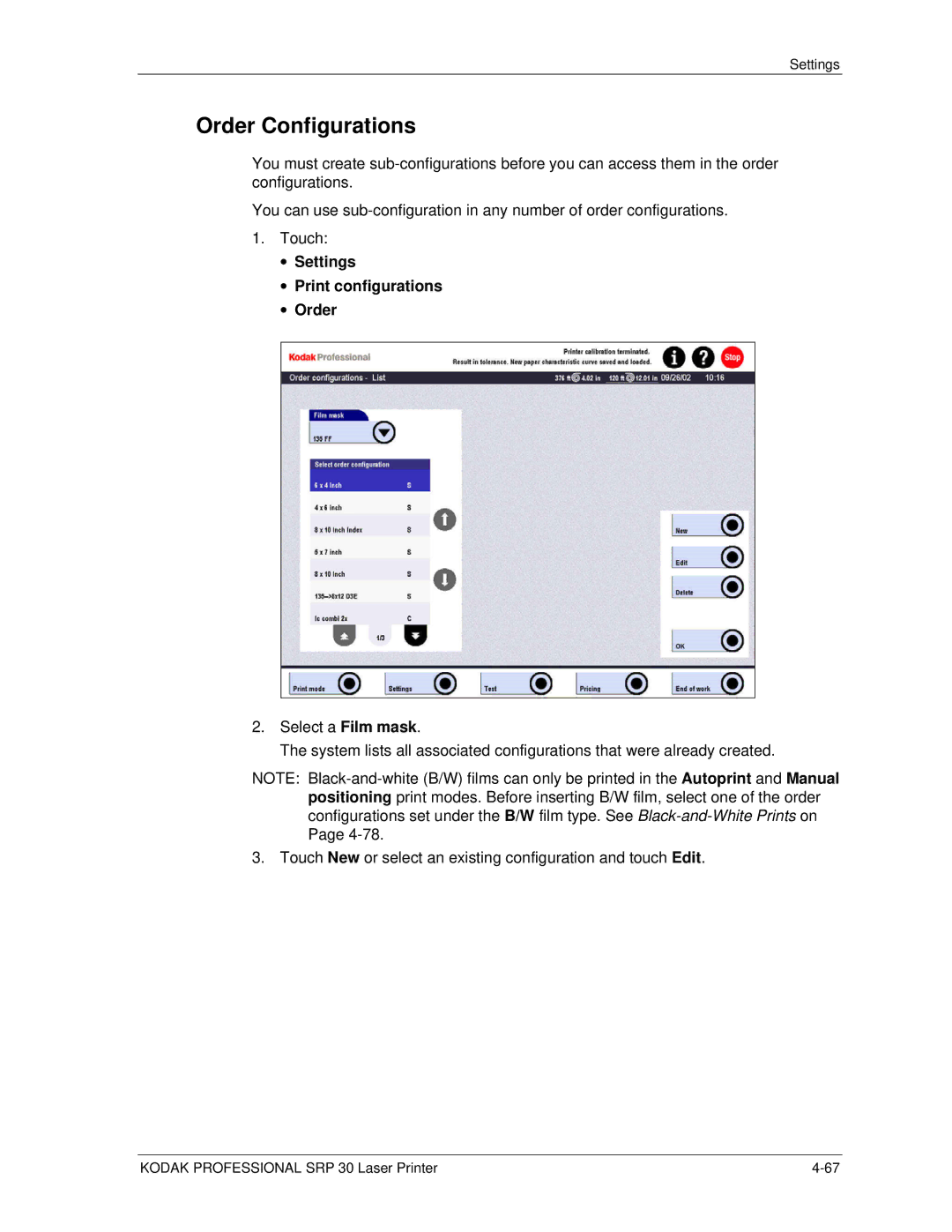 Kodak SRP 30 manual Order Configurations, Settings Print configurations Order 