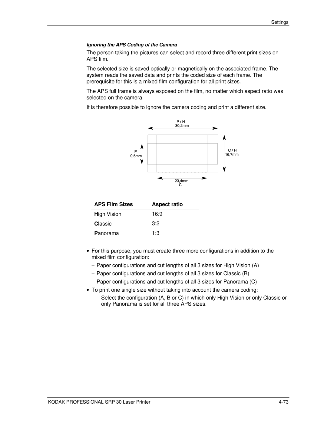 Kodak SRP 30 manual APS Film Sizes Aspect ratio 