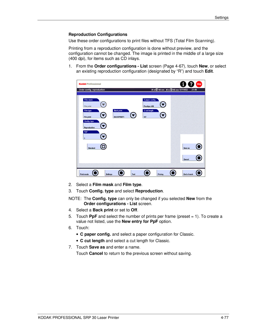 Kodak SRP 30 manual Reproduction Configurations 