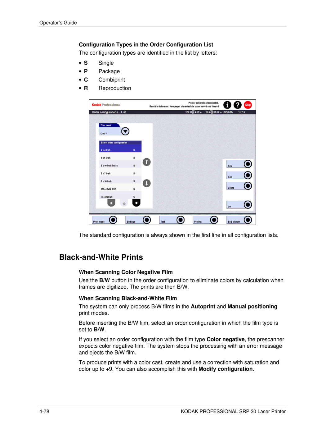 Kodak SRP 30 manual Black-and-White Prints, Configuration Types in the Order Configuration List 