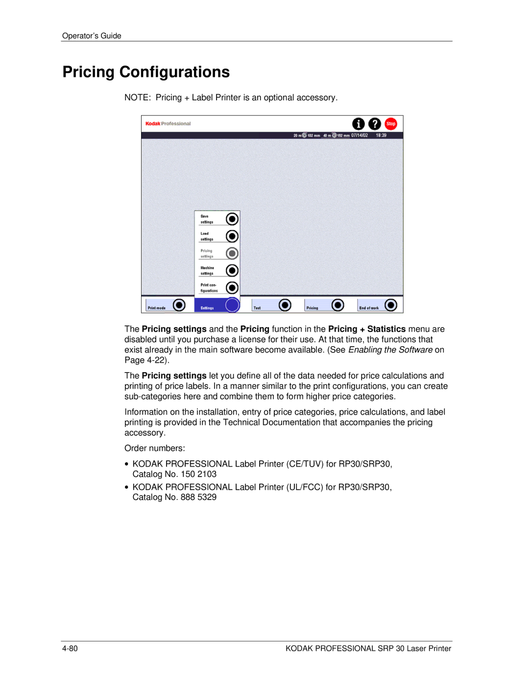 Kodak SRP 30 manual Pricing Configurations 