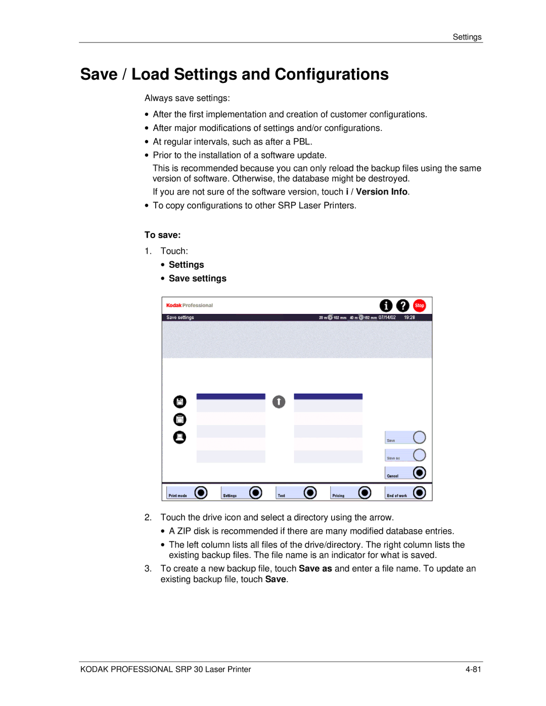 Kodak SRP 30 manual Save / Load Settings and Configurations, To save, Settings Save settings 