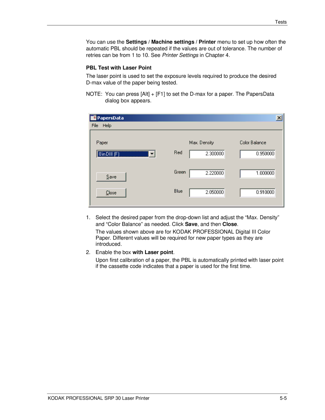 Kodak SRP 30 manual PBL Test with Laser Point 