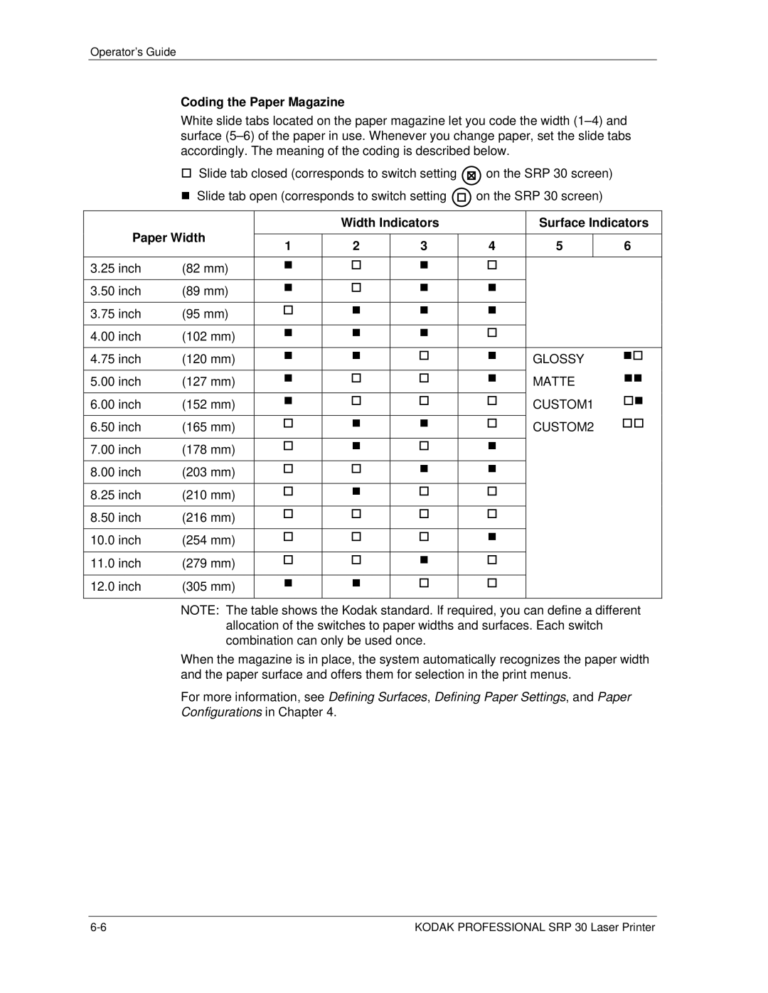 Kodak SRP 30 manual Coding the Paper Magazine, Width Indicators Surface Indicators Paper Width 