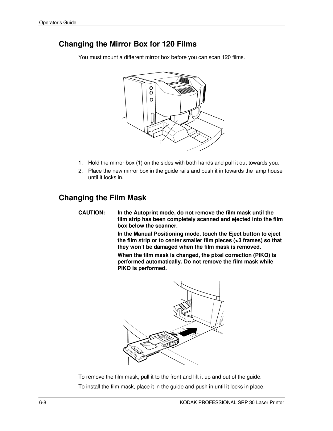 Kodak SRP 30 manual Changing the Mirror Box for 120 Films, Changing the Film Mask 