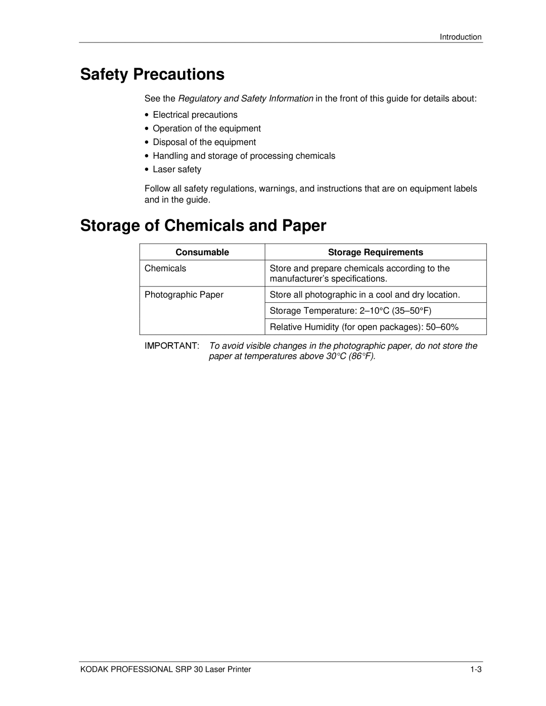 Kodak SRP 30 manual Storage of Chemicals and Paper, Consumable Storage Requirements 