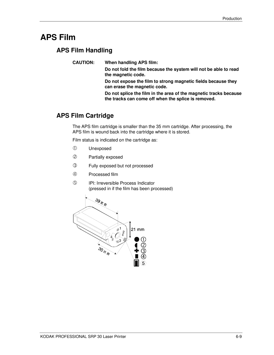 Kodak SRP 30 manual APS Film Handling, APS Film Cartridge 