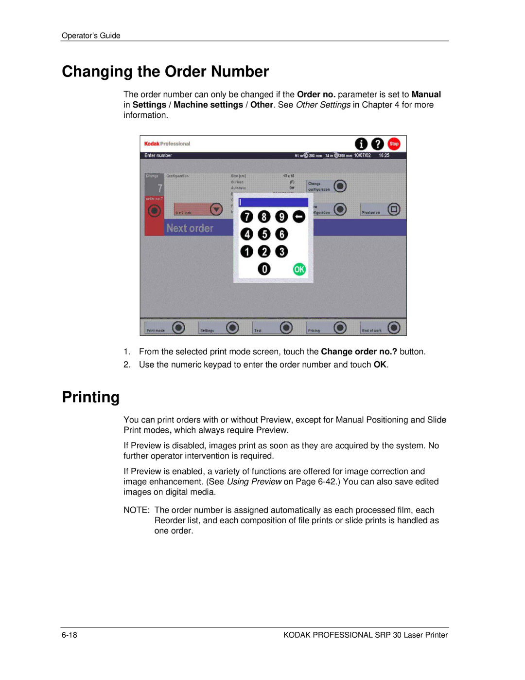 Kodak SRP 30 manual Changing the Order Number, Printing 