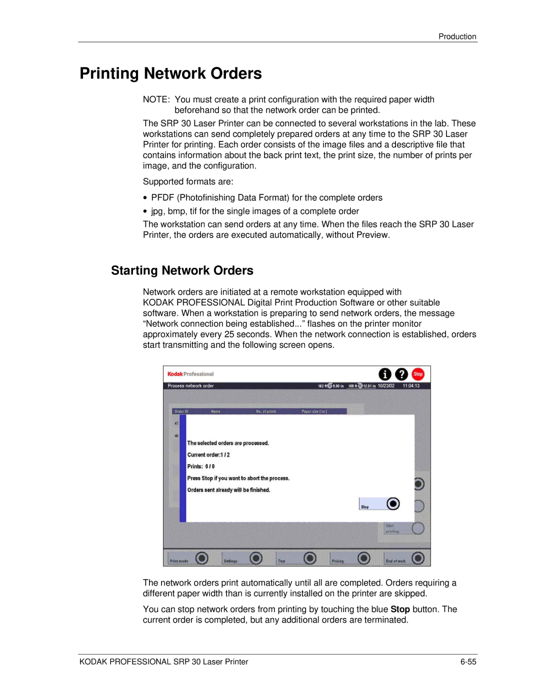 Kodak SRP 30 manual Printing Network Orders, Starting Network Orders 