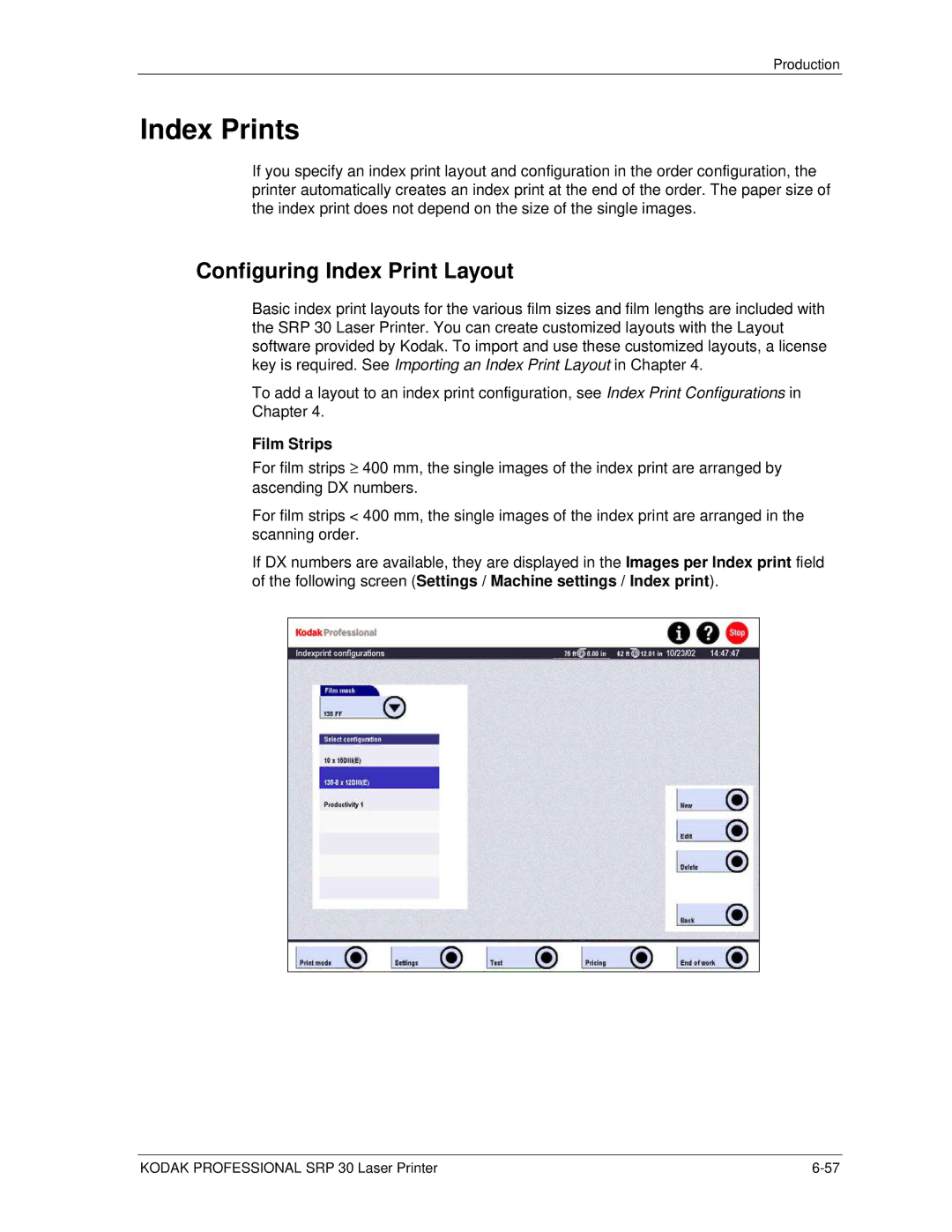 Kodak SRP 30 manual Index Prints, Configuring Index Print Layout, Film Strips 