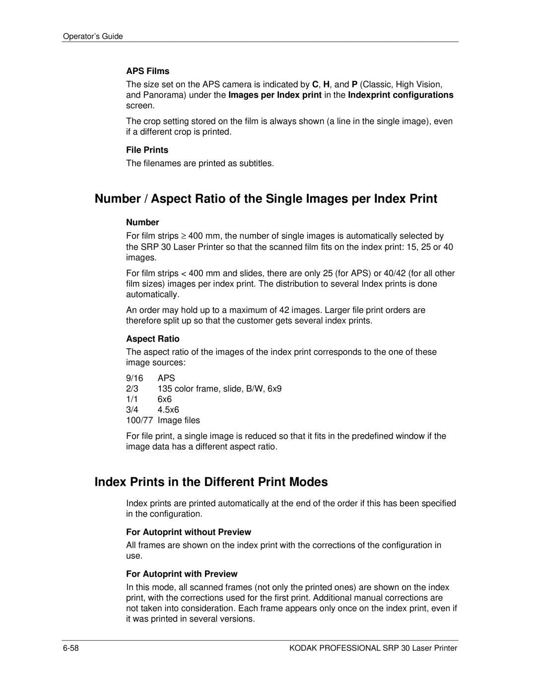 Kodak SRP 30 manual Number / Aspect Ratio of the Single Images per Index Print, Index Prints in the Different Print Modes 