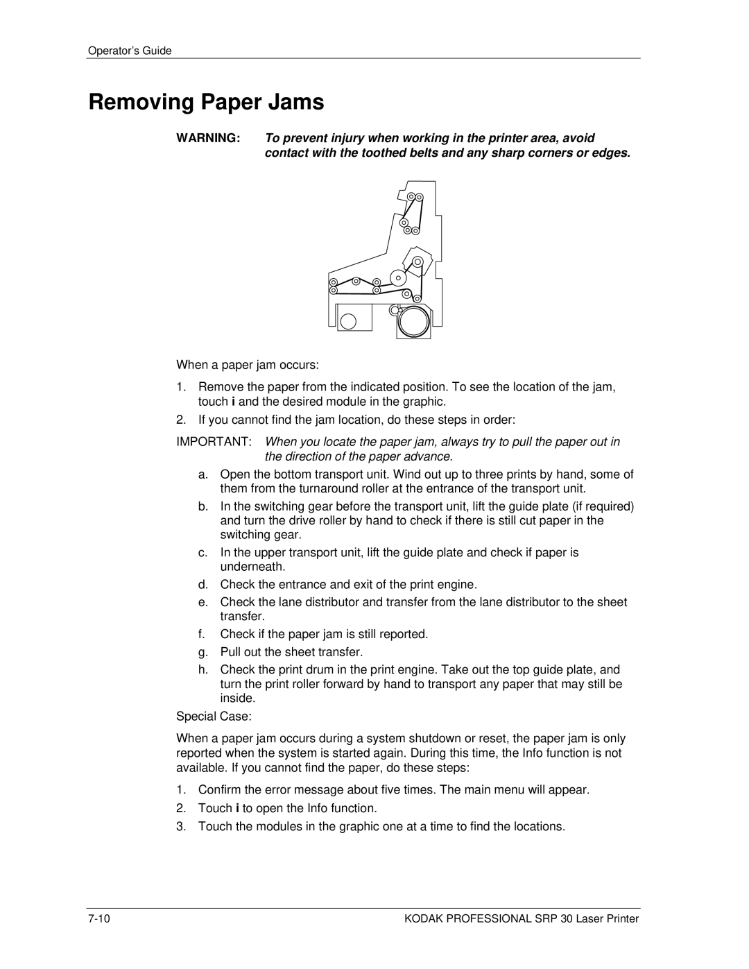 Kodak SRP 30 manual Removing Paper Jams 