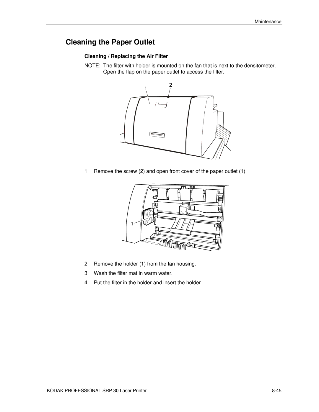 Kodak SRP 30 manual Cleaning the Paper Outlet, Cleaning / Replacing the Air Filter 