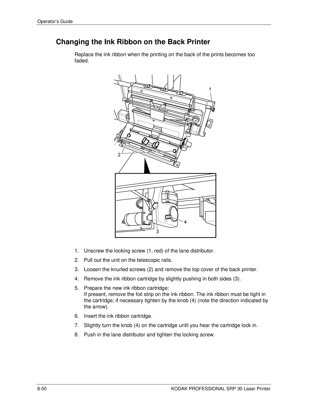 Kodak SRP 30 manual Changing the Ink Ribbon on the Back Printer 