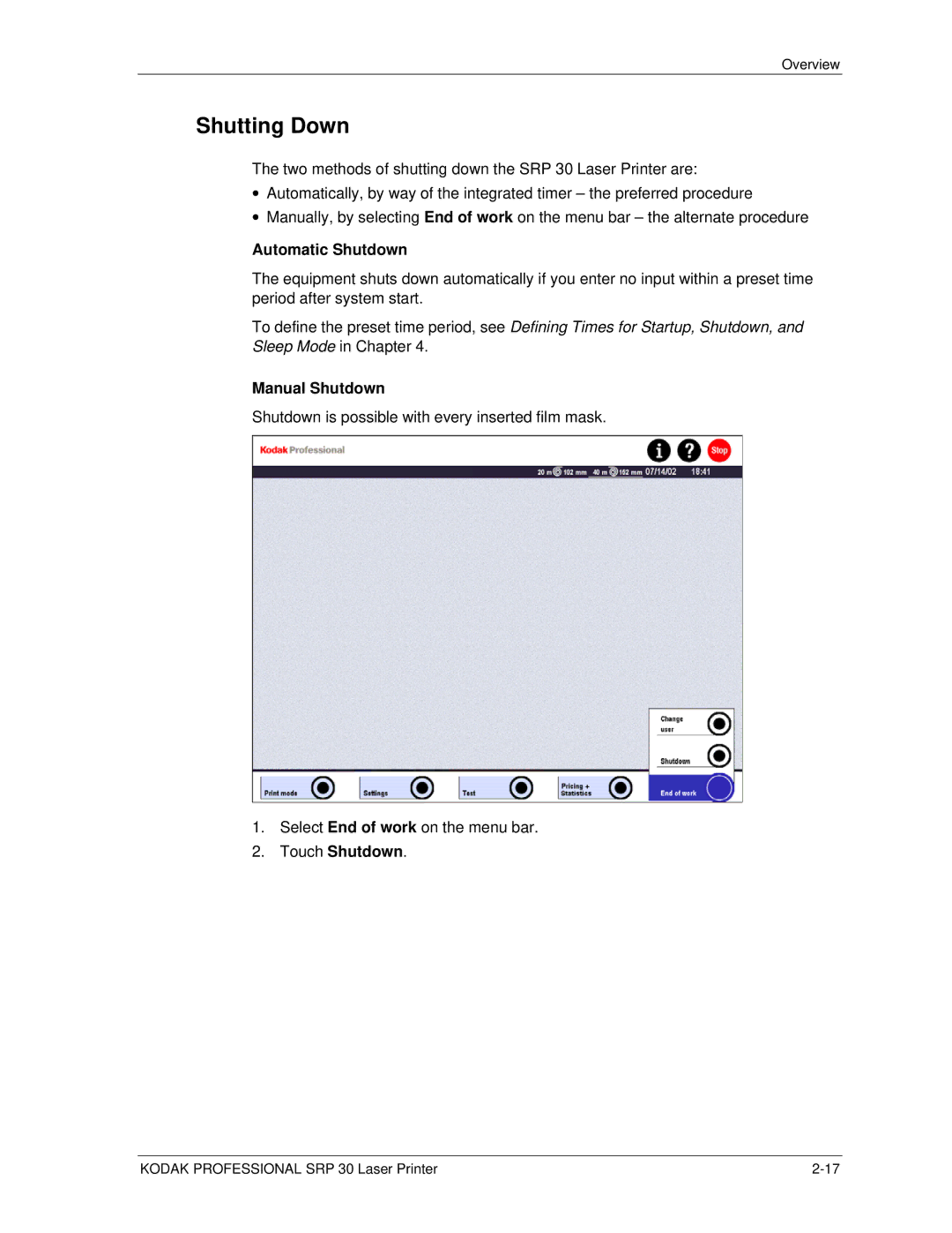 Kodak SRP 30 manual Shutting Down, Automatic Shutdown, Manual Shutdown, Touch Shutdown 