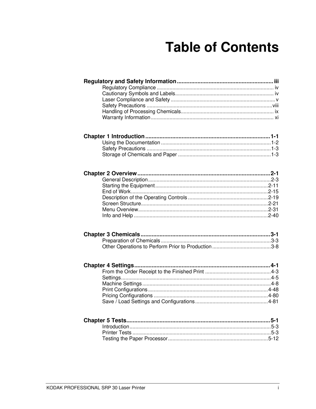 Kodak SRP 30 manual Table of Contents 