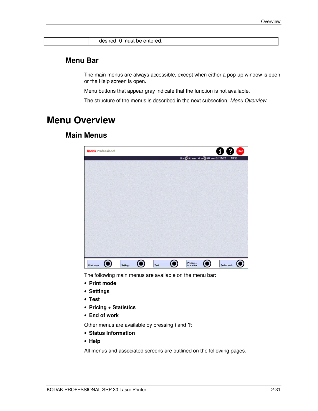 Kodak SRP 30 manual Menu Overview, Menu Bar, Main Menus, Print mode Settings Test Pricing + Statistics End of work 