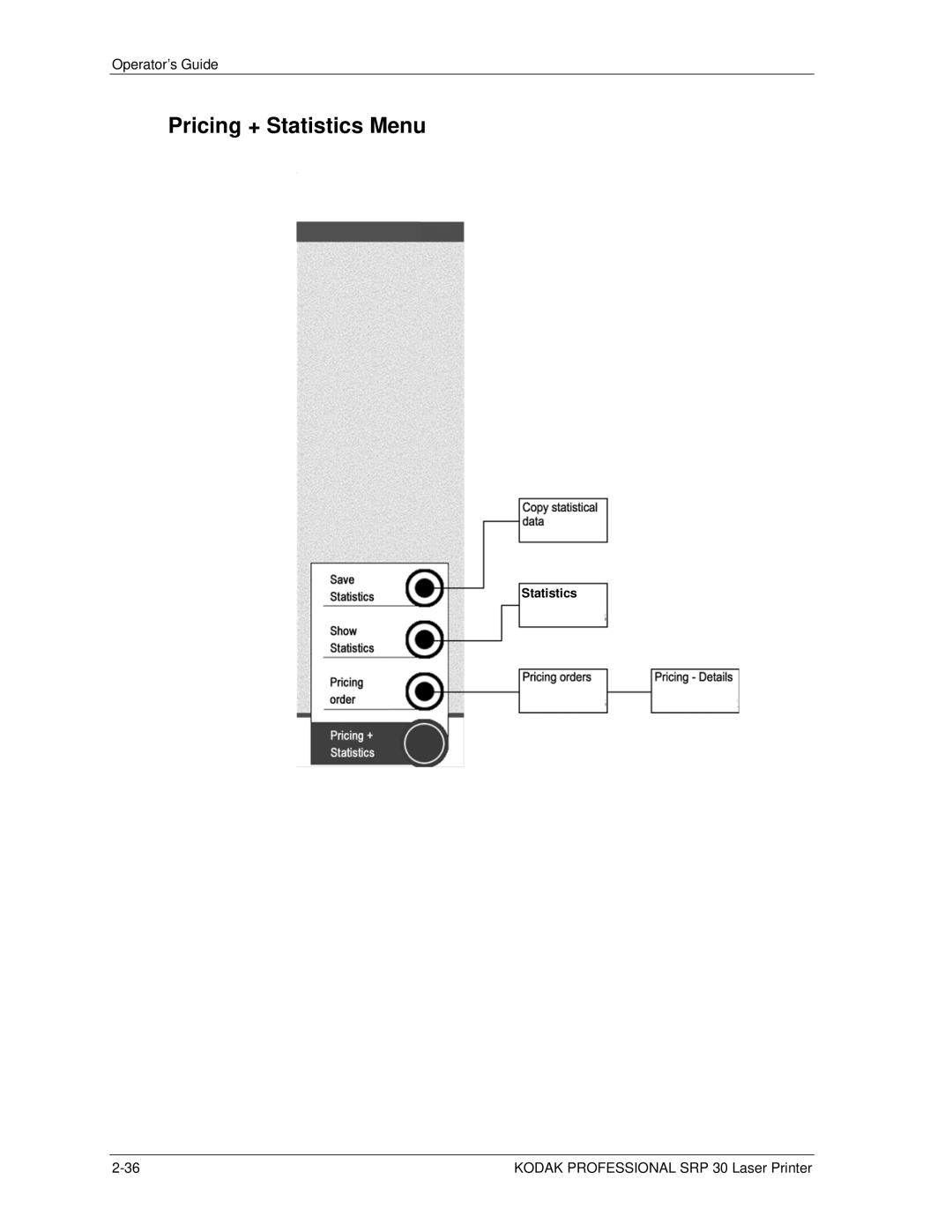 Kodak SRP 30 manual Pricing + Statistics Menu 