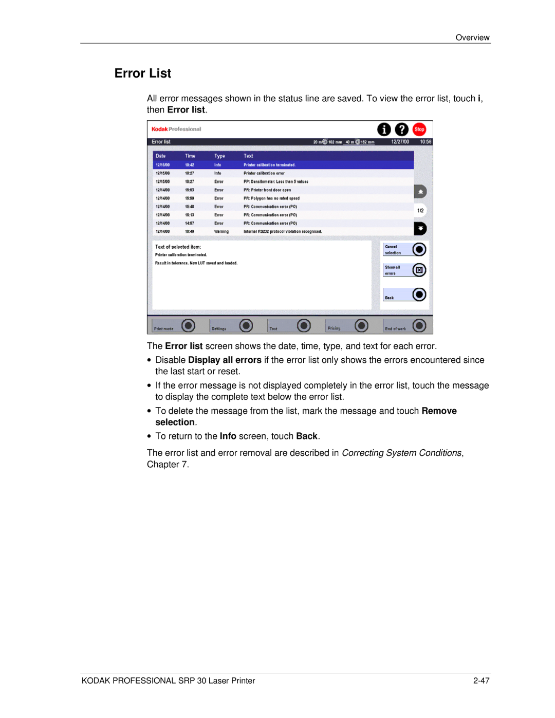 Kodak SRP 30 manual Error List 